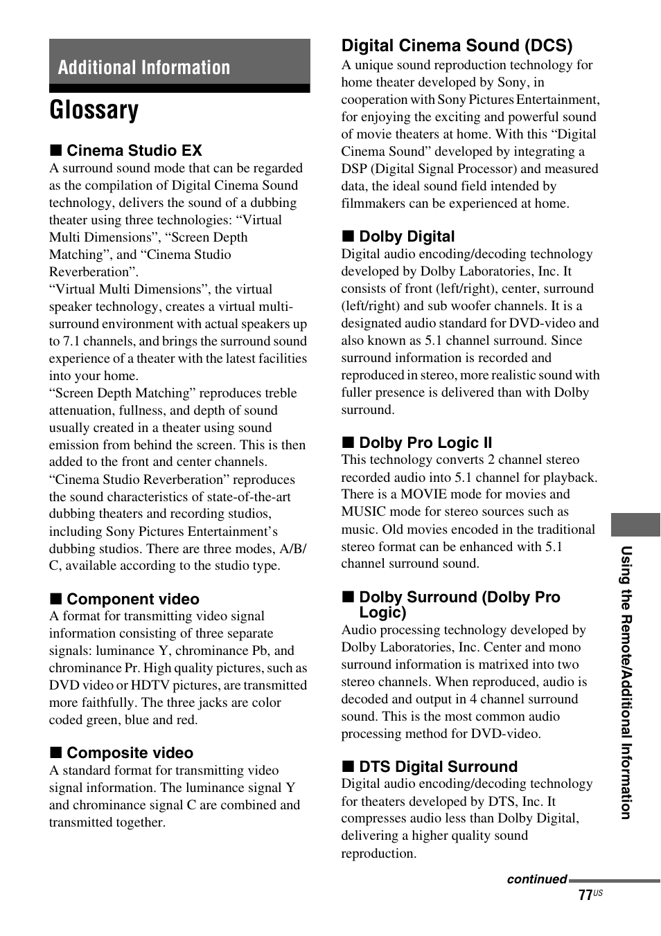 Additional information, Glossary | Sony HT-7200DH User Manual | Page 77 / 88