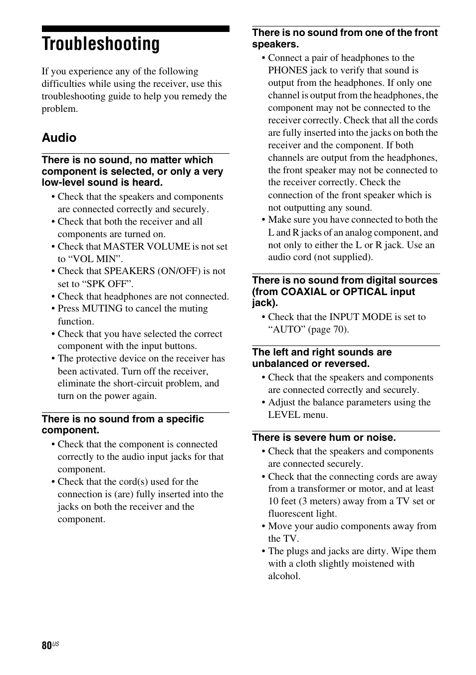 Troubleshooting, Audio | Sony HT-7200DH User Manual | Page 80 / 88
