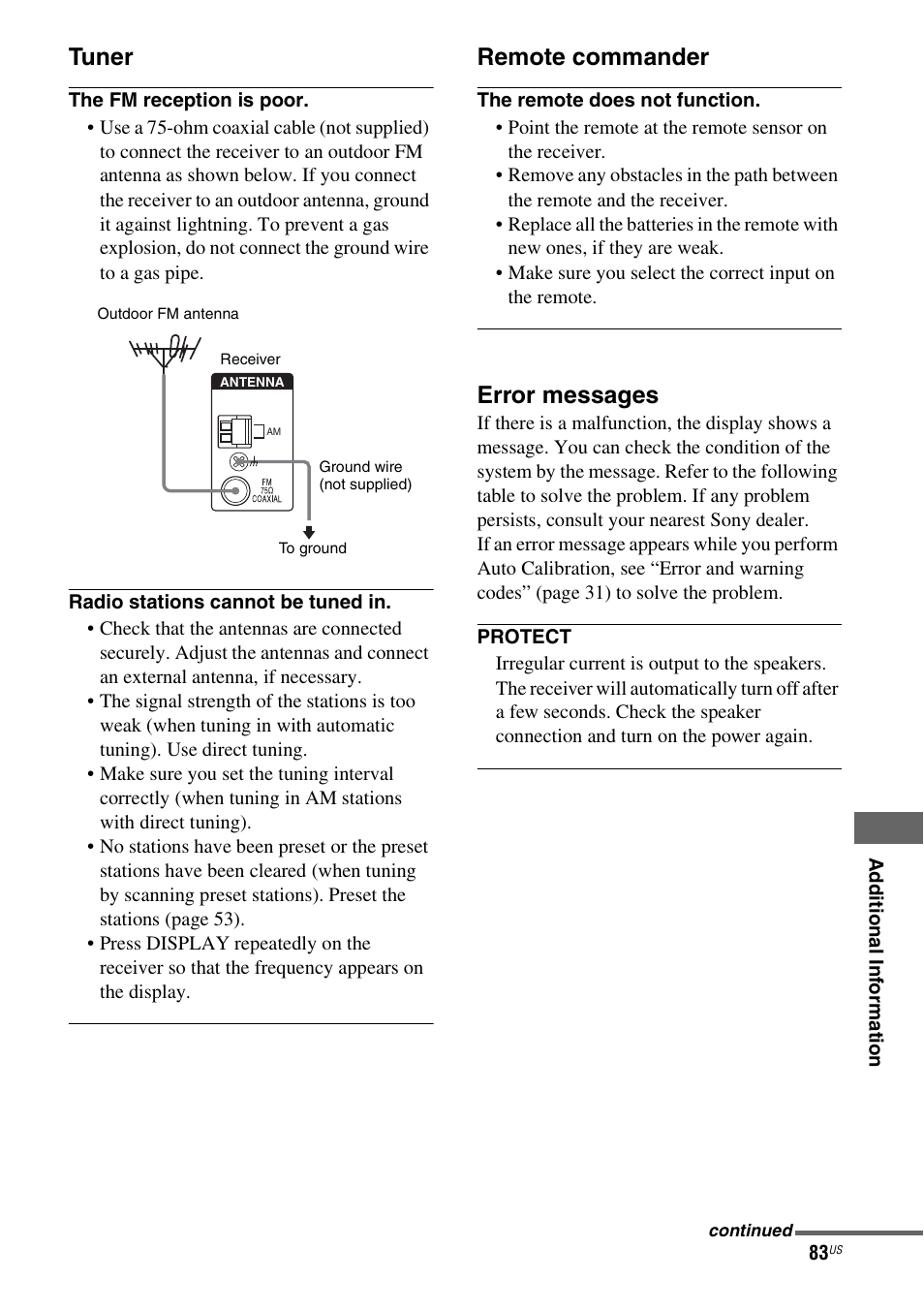 Tuner, Remote commander, Error messages | Sony HT-7200DH User Manual | Page 83 / 88