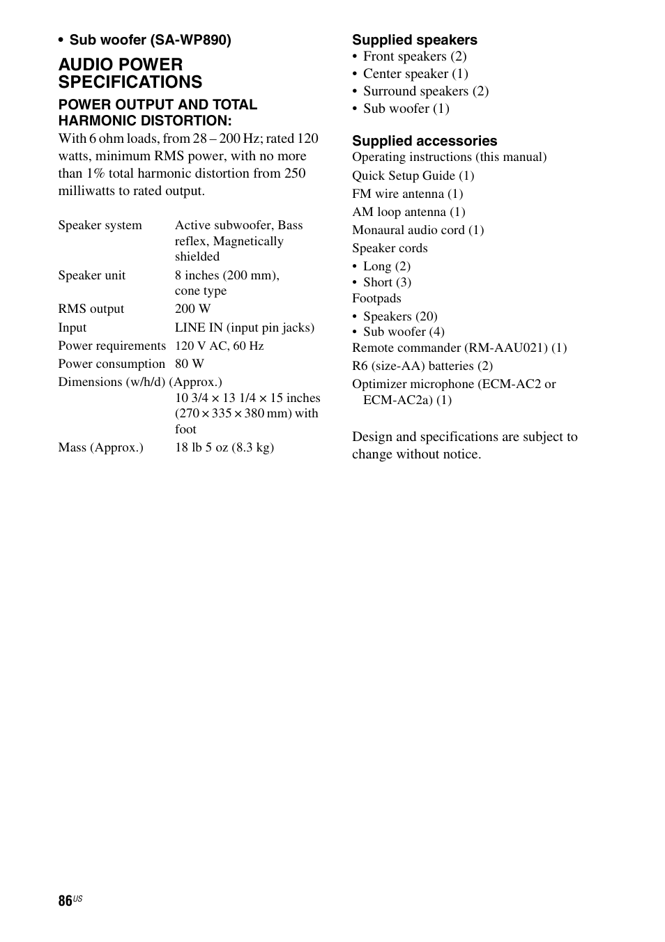 Audio power specifications | Sony HT-7200DH User Manual | Page 86 / 88