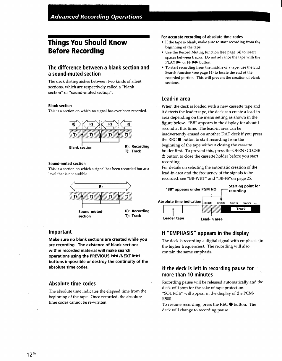 Things you should know before recording, Lead-in area, Important | Absolute time codes, If "emphasis" appears in the display, Advanced recording operations | Sony PCM-R500 User Manual | Page 12 / 100