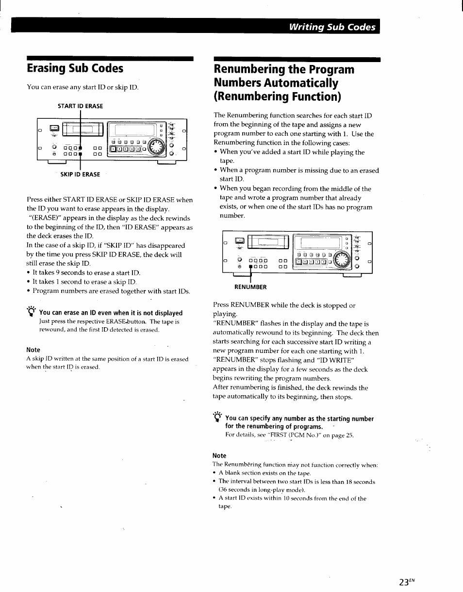 Erasing sub codes, Note, Writing sub codes | Sony PCM-R500 User Manual | Page 23 / 100