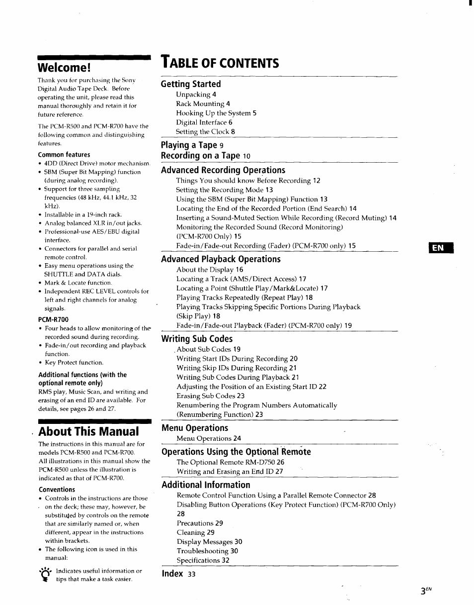 Getting started, Playing a tape 9 recording on a tape io, Advanced recording operations | Advanced playback operations, Writing sub codes, Menu operations, Operations using the optional remote, Additional information, Index 33, Welcome! t | Sony PCM-R500 User Manual | Page 3 / 100
