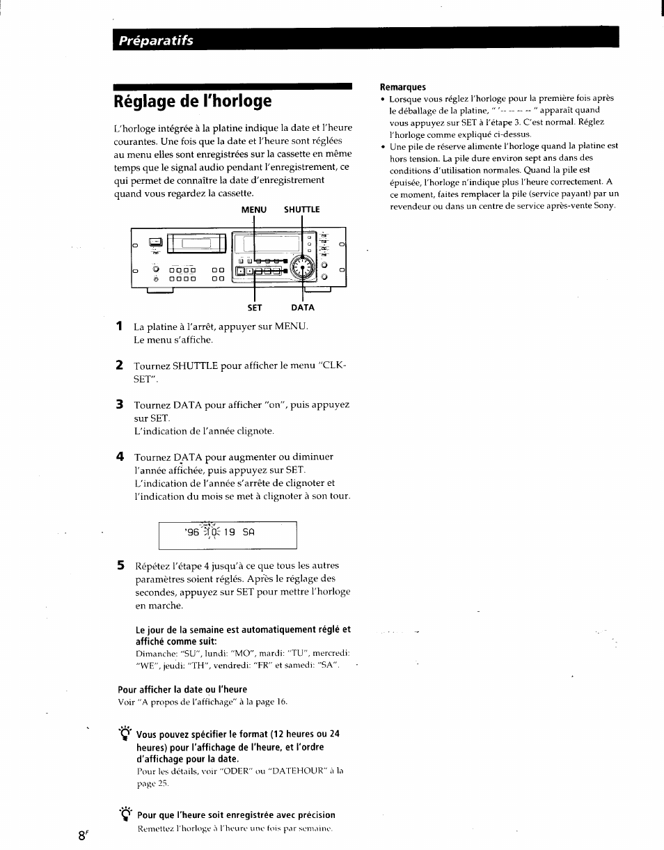 Réglage de thorloge, Pour afficher la date ou theure, Remarques | Ç* pour que theure soit enregistrée avec précision, Préparatifs | Sony PCM-R500 User Manual | Page 41 / 100