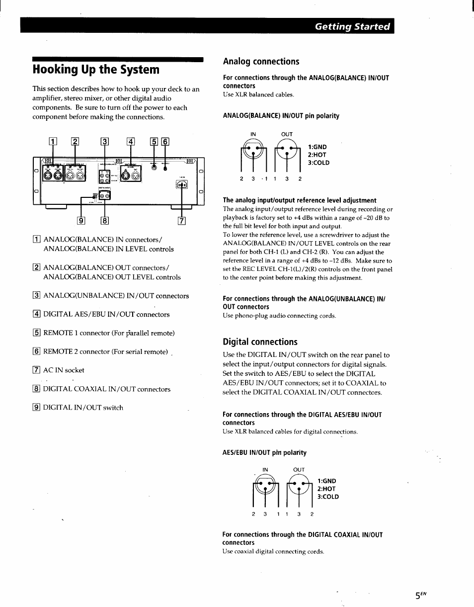 Hooking up the system, Analog connections, Analog(balance) in/out pin polarity | The analog input/output reference level adjustment, Digital connections, Aes/ebu in/out pin polarity, Getting started | Sony PCM-R500 User Manual | Page 5 / 100