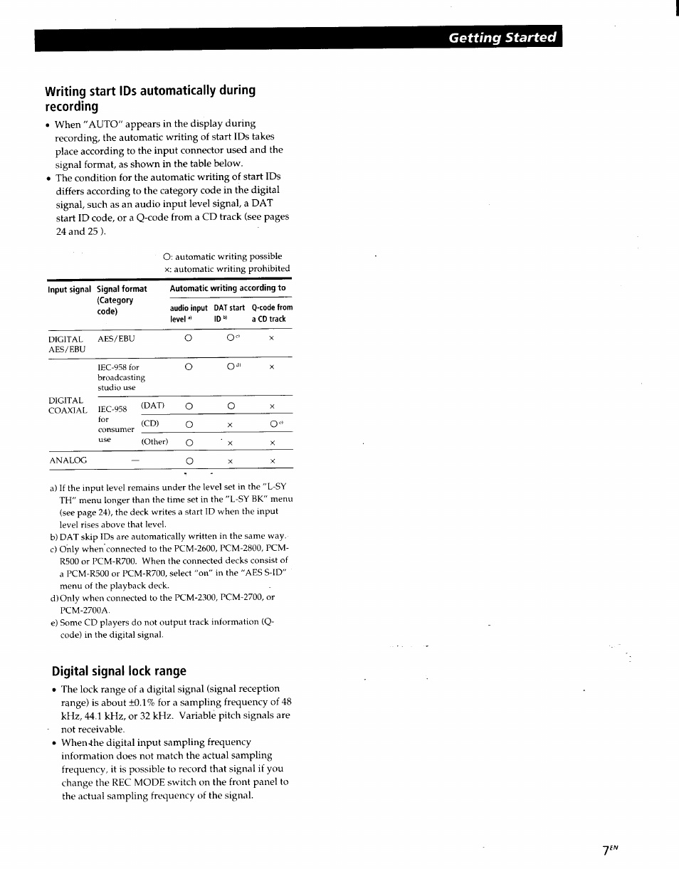 Writing start ids automatically during recording, Digital signal lock range, Getting started | Sony PCM-R500 User Manual | Page 7 / 100