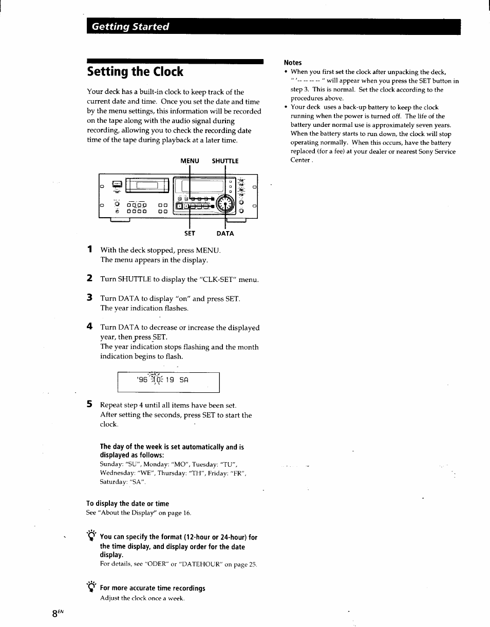 Setting the clock, Notes, To display the date or time | For more accurate time recordings, Getting started | Sony PCM-R500 User Manual | Page 8 / 100