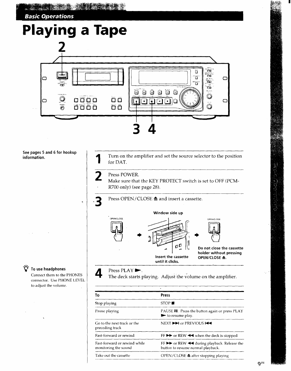 Playing a tape, To use headphones | Sony PCM-R500 User Manual | Page 9 / 100
