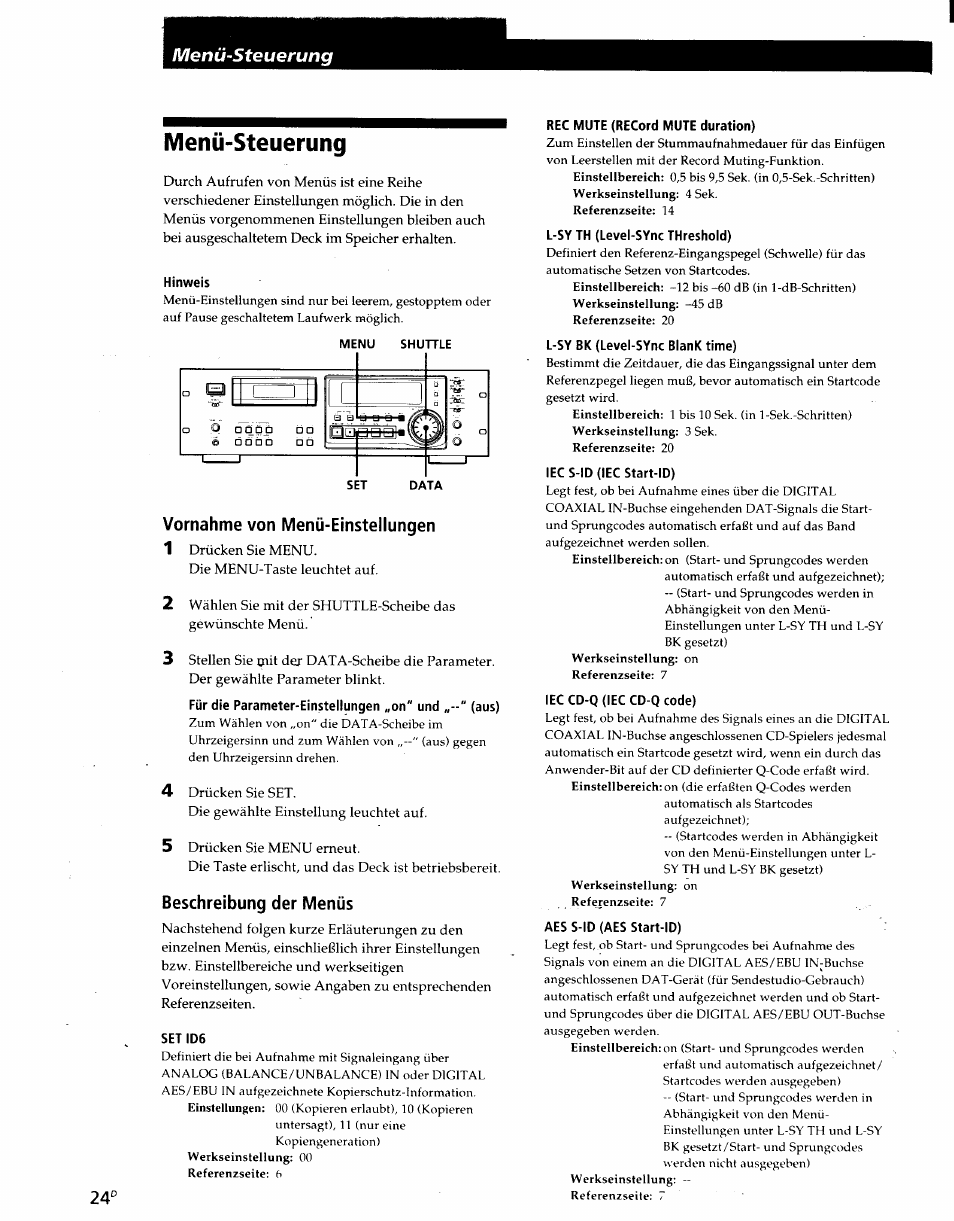 Menü-steuerung, Hinweis, Vornahme von menü-einstellungen | Beschreibung der menüs, Set id6, Rec mute (record mute duration), Aes s-id (aes start-id) | Sony PCM-R500 User Manual | Page 90 / 100