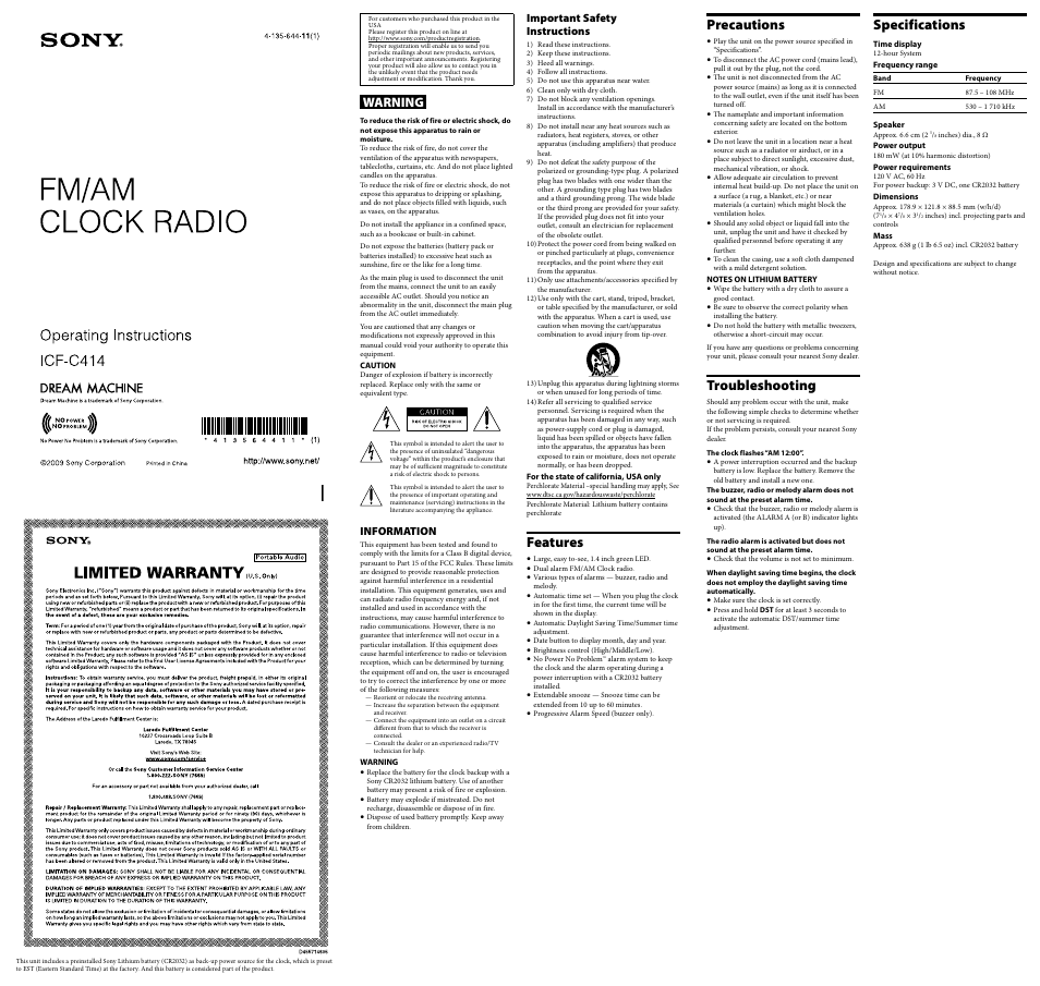 Sony ICF-C414 User Manual | 2 pages