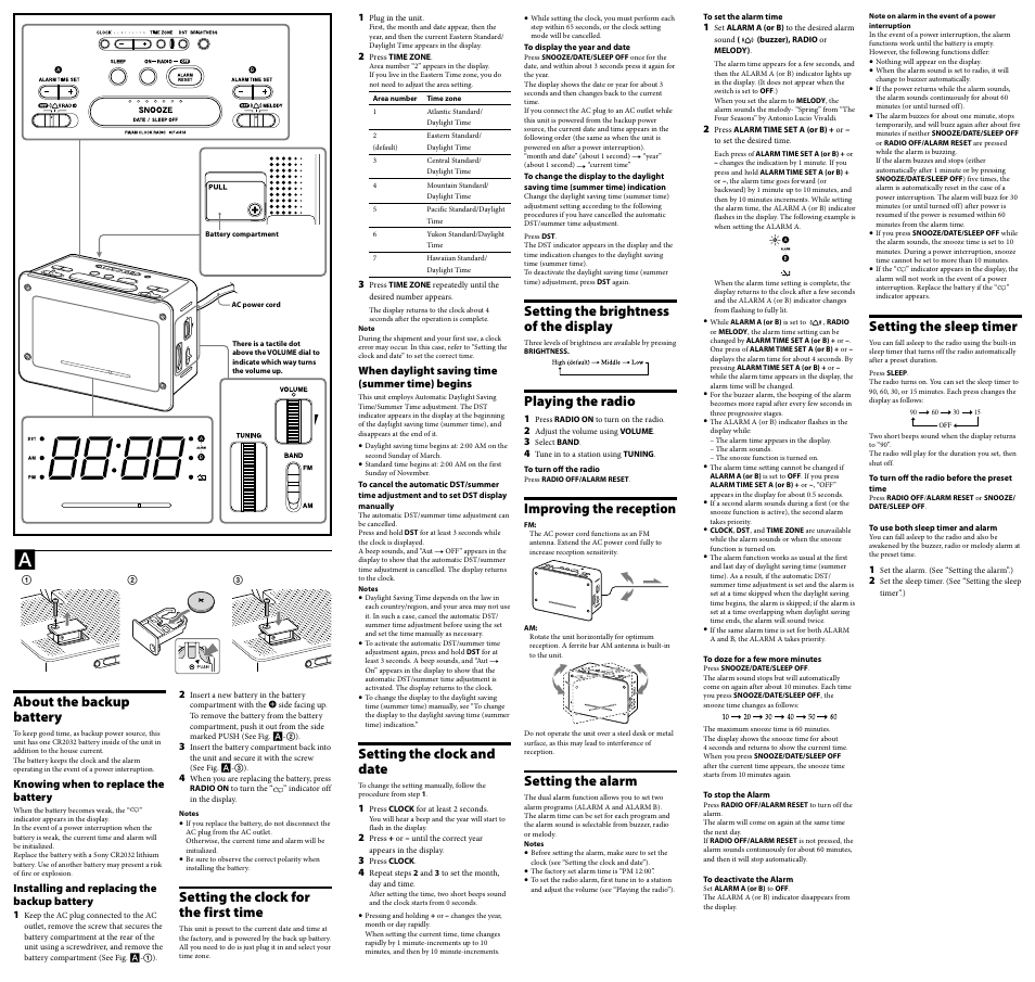 Setting the clock for the first time, Setting the clock and date, Setting the brightness of the display | Playing the radio, Improving the reception, Setting the alarm, About the backup battery, Setting the sleep timer | Sony ICF-C414 User Manual | Page 2 / 2