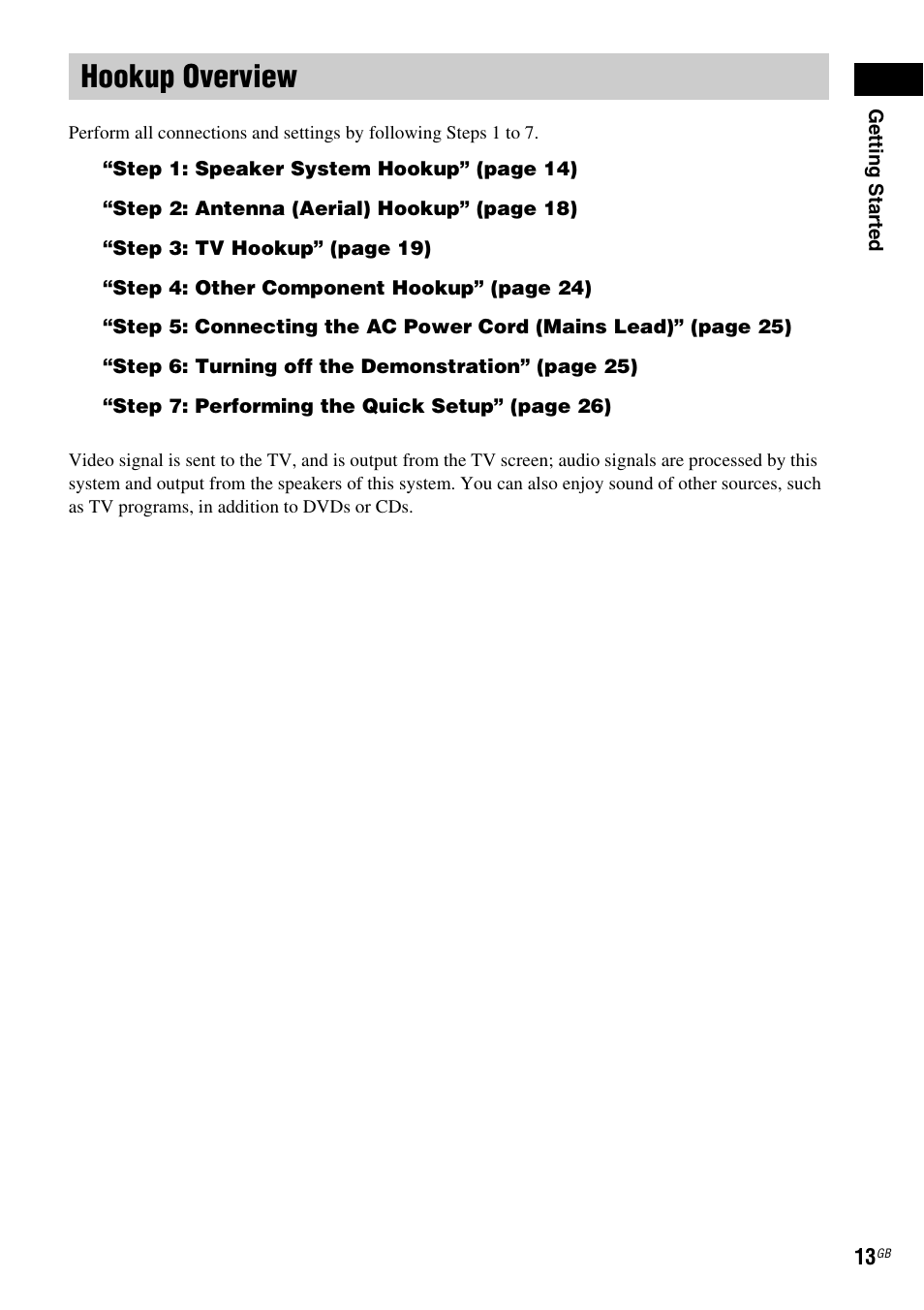 Hookup overview | Sony HCD-DZ100 User Manual | Page 13 / 92