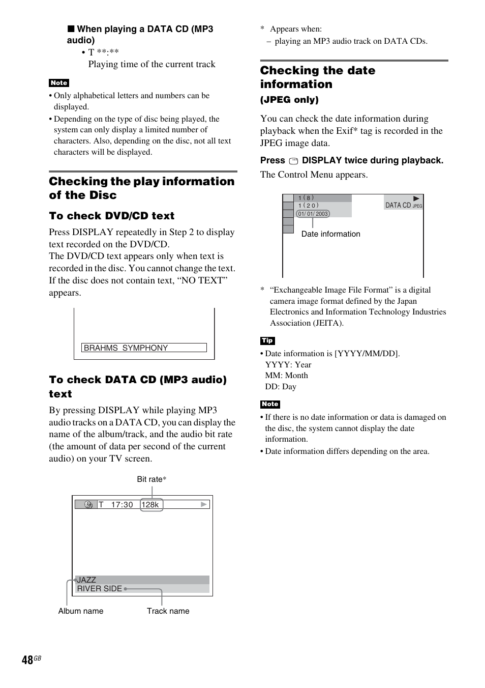 Checking the play information of the disc, Checking the date information | Sony HCD-DZ100 User Manual | Page 48 / 92