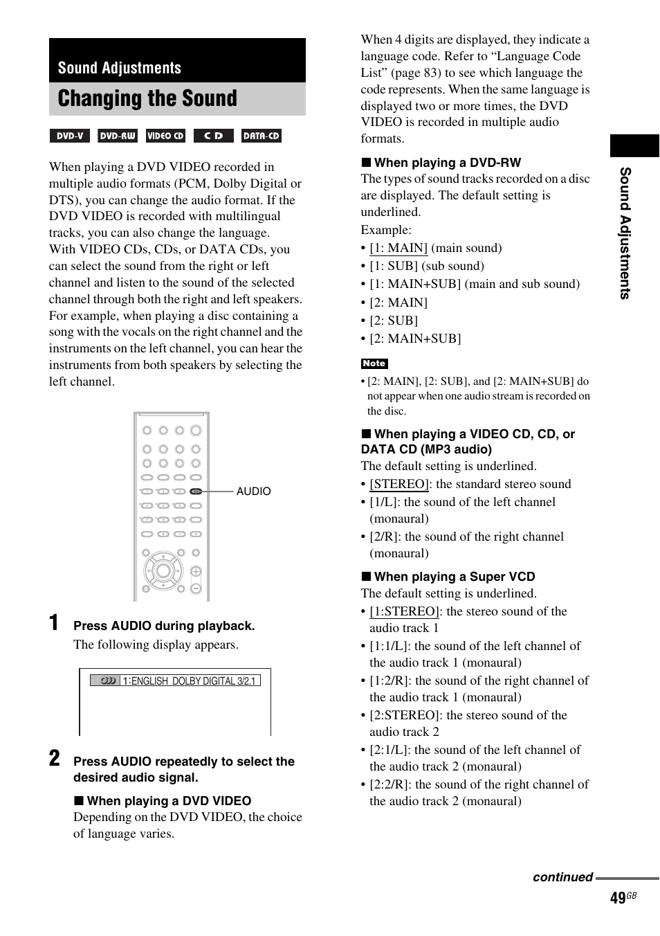 Sound adjustments, Changing the sound | Sony HCD-DZ100 User Manual | Page 49 / 92