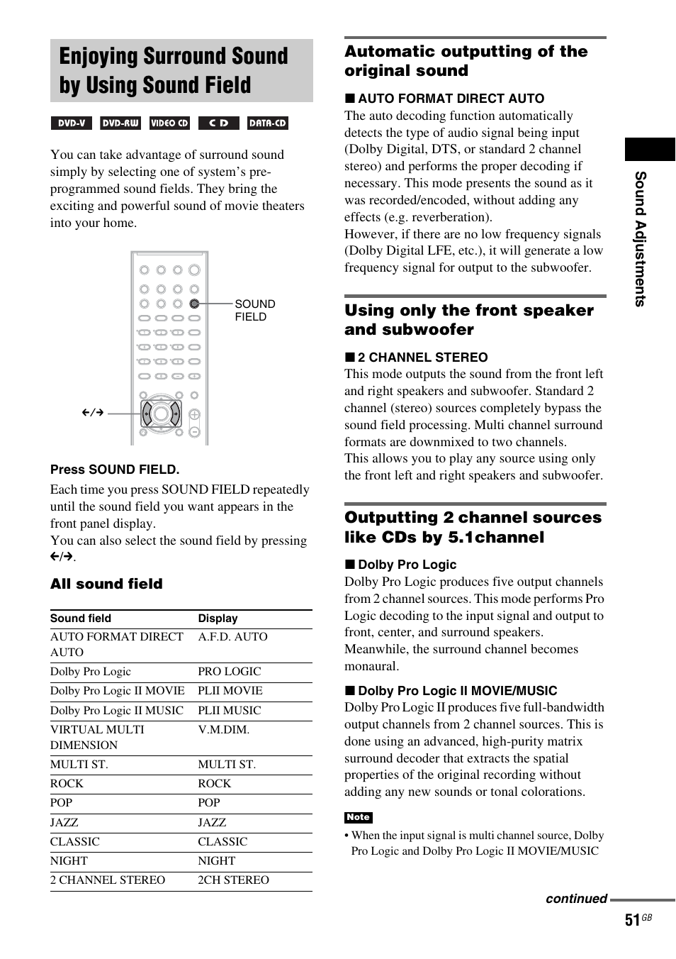 Enjoying surround sound by using sound field, Automatic outputting of the original sound, Using only the front speaker and subwoofer | Enjoying surround sound by using sound, Field | Sony HCD-DZ100 User Manual | Page 51 / 92