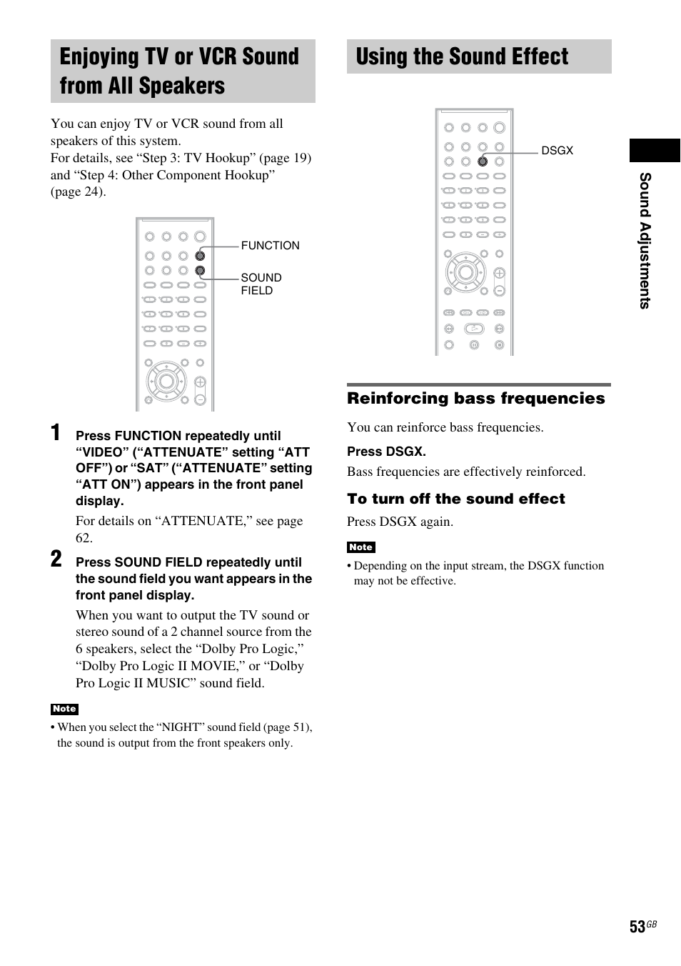 Enjoying tv or vcr sound from all speakers, Using the sound effect, Reinforcing bass frequencies | Enjoying tv or vcr sound from all, Speakers | Sony HCD-DZ100 User Manual | Page 53 / 92