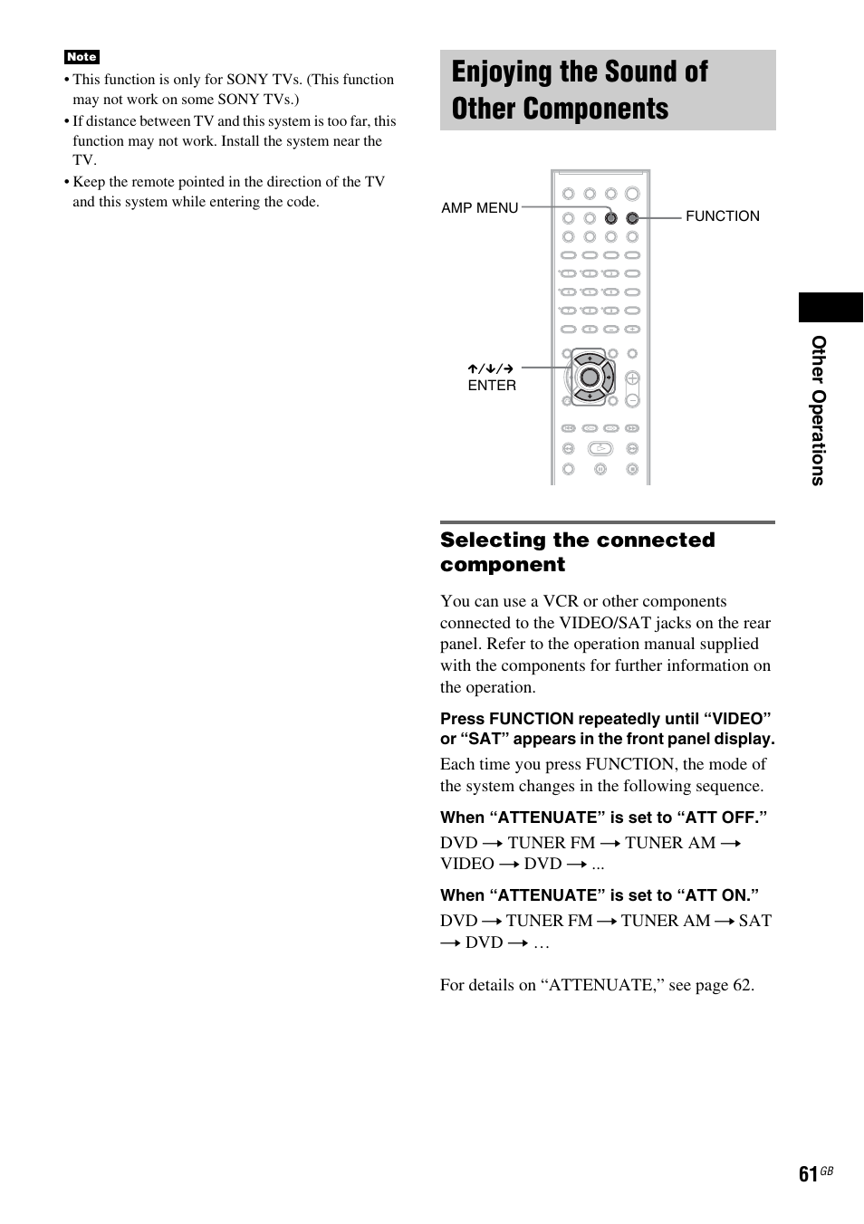 Enjoying the sound of other components, Selecting the connected component, Enjoying the sound of other | Components | Sony HCD-DZ100 User Manual | Page 61 / 92