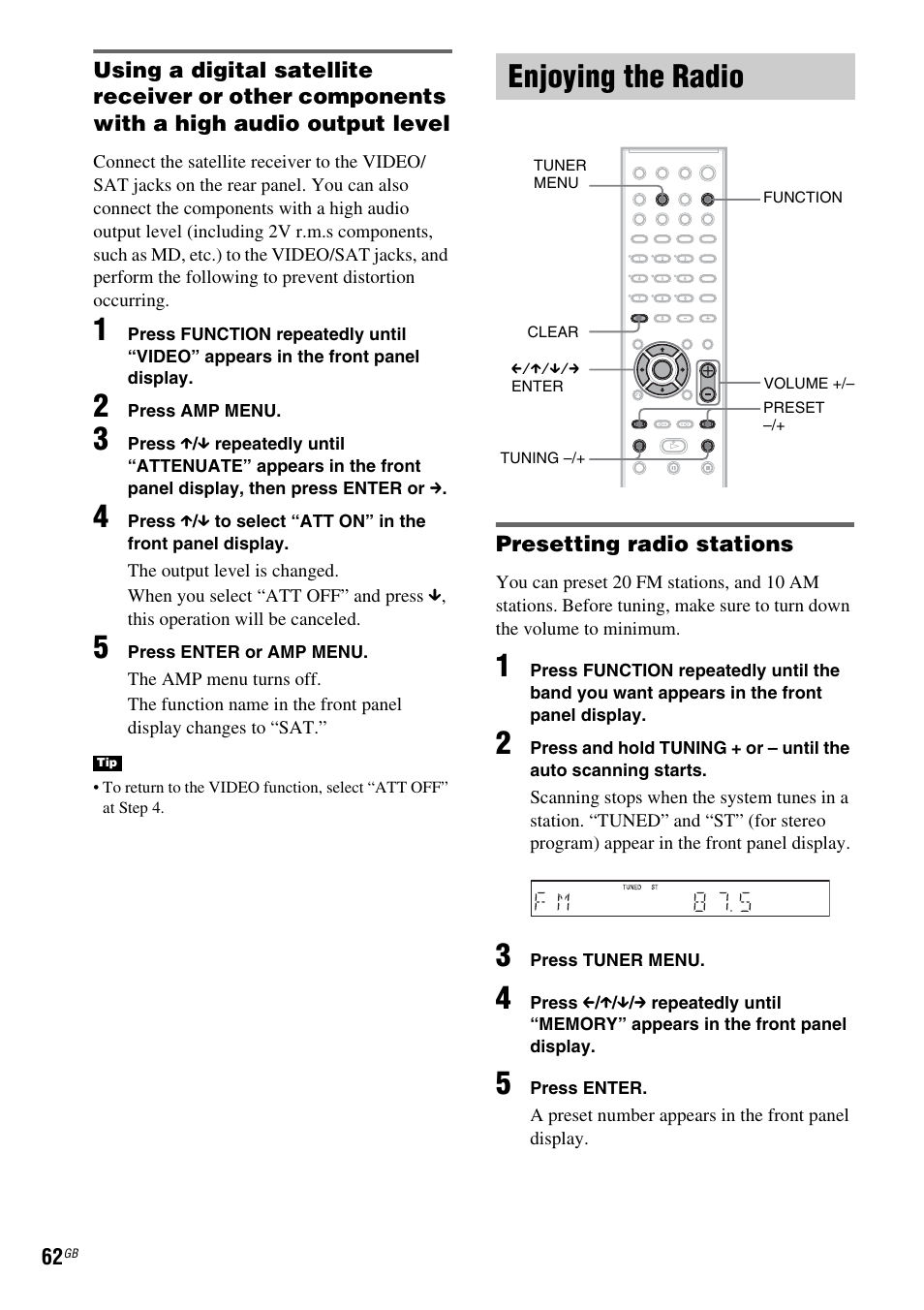 Enjoying the radio, Presetting radio stations | Sony HCD-DZ100 User Manual | Page 62 / 92