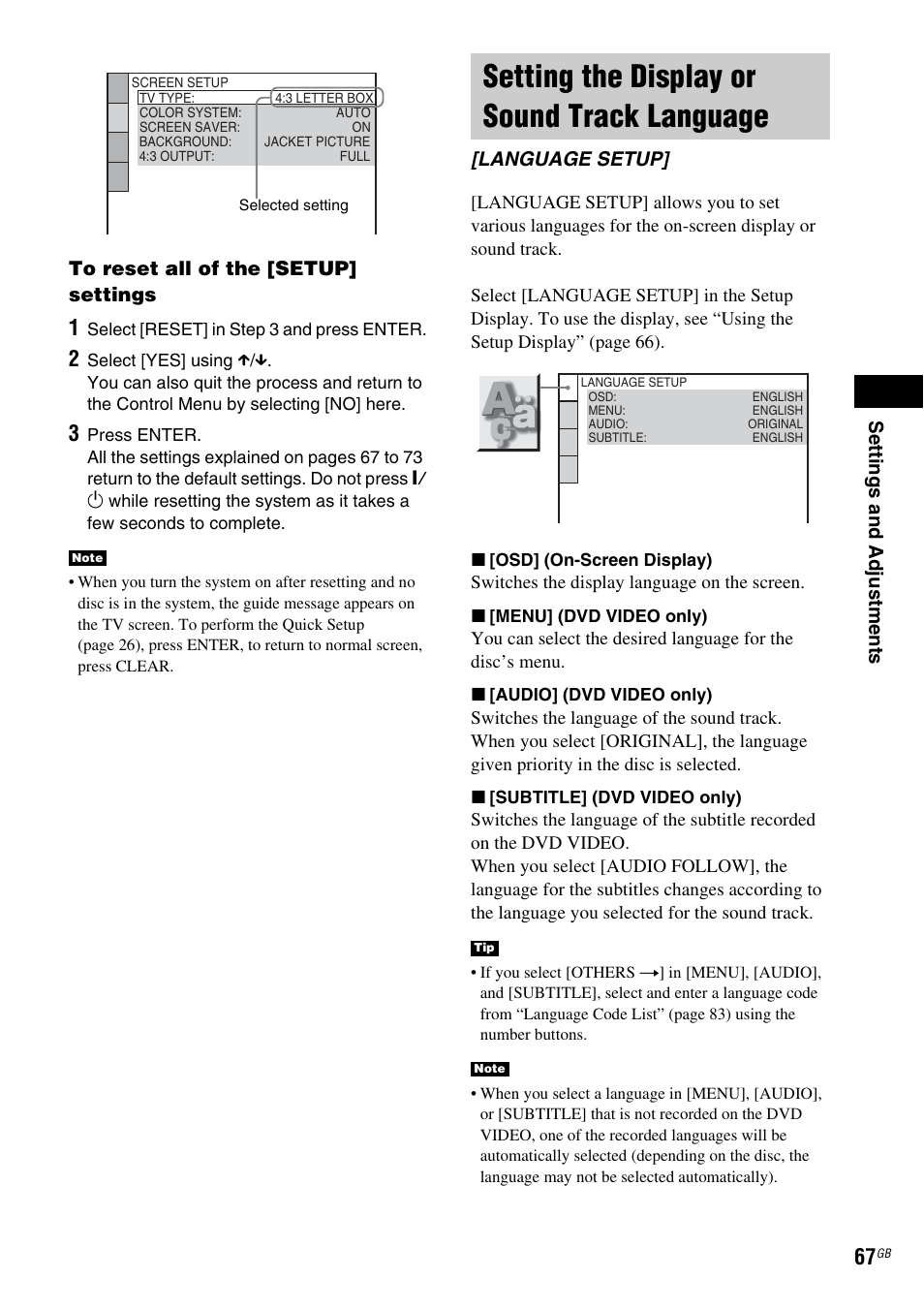 Setting the display or sound track language, Setting the display or sound track, Language [language setup | Sony HCD-DZ100 User Manual | Page 67 / 92