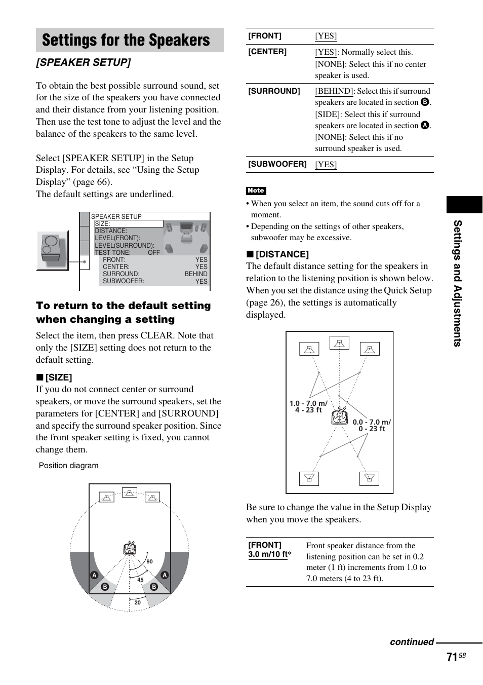 Settings for the speakers, Speaker setup, Se tti ng s an d ad ju st me n ts | Sony HCD-DZ100 User Manual | Page 71 / 92