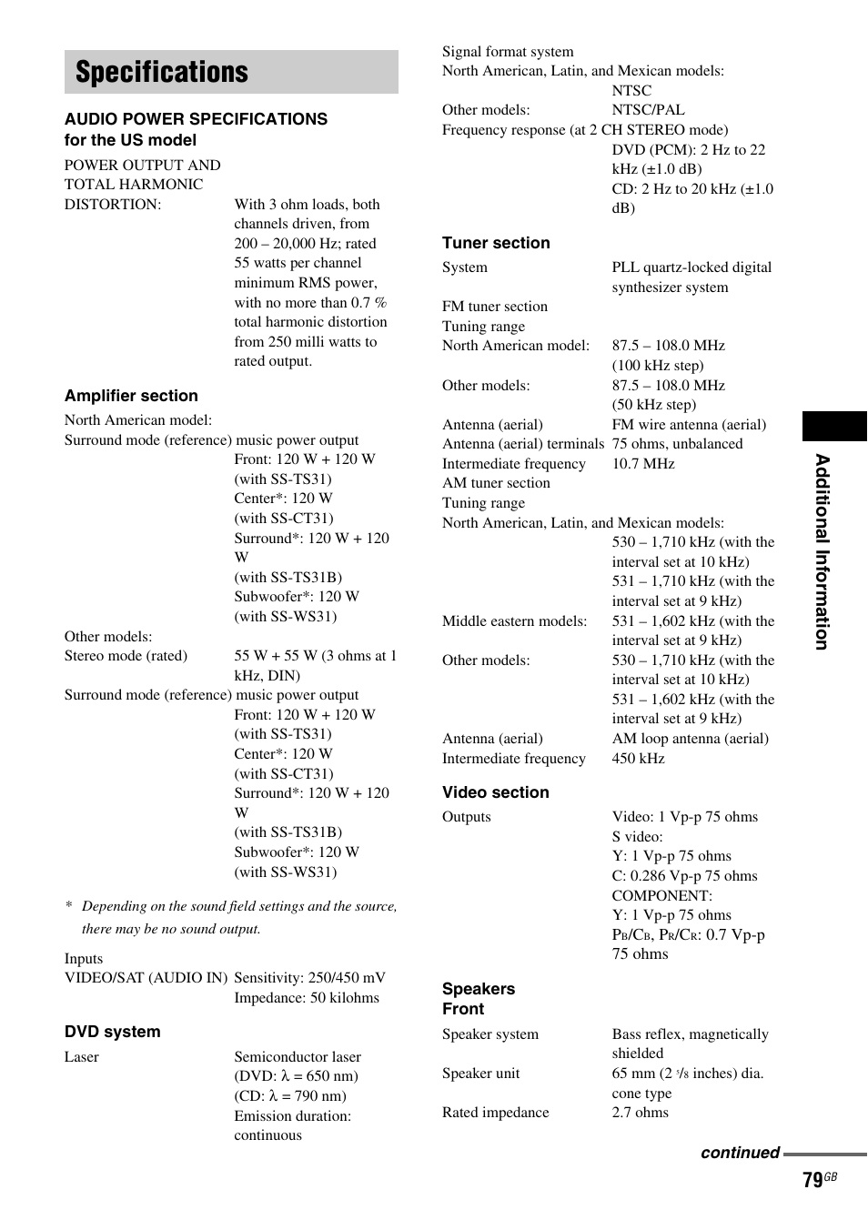 Specifications | Sony HCD-DZ100 User Manual | Page 79 / 92