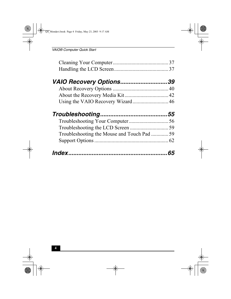 Vaio recovery options, Troubleshooting, Index | Sony PCG-FRV26 User Manual | Page 4 / 68