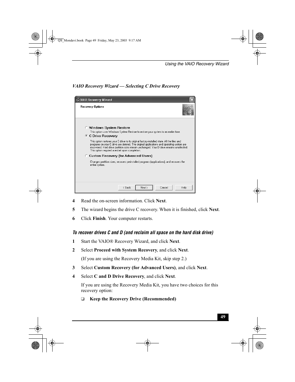 Recover drives c and d | Sony PCG-FRV26 User Manual | Page 49 / 68