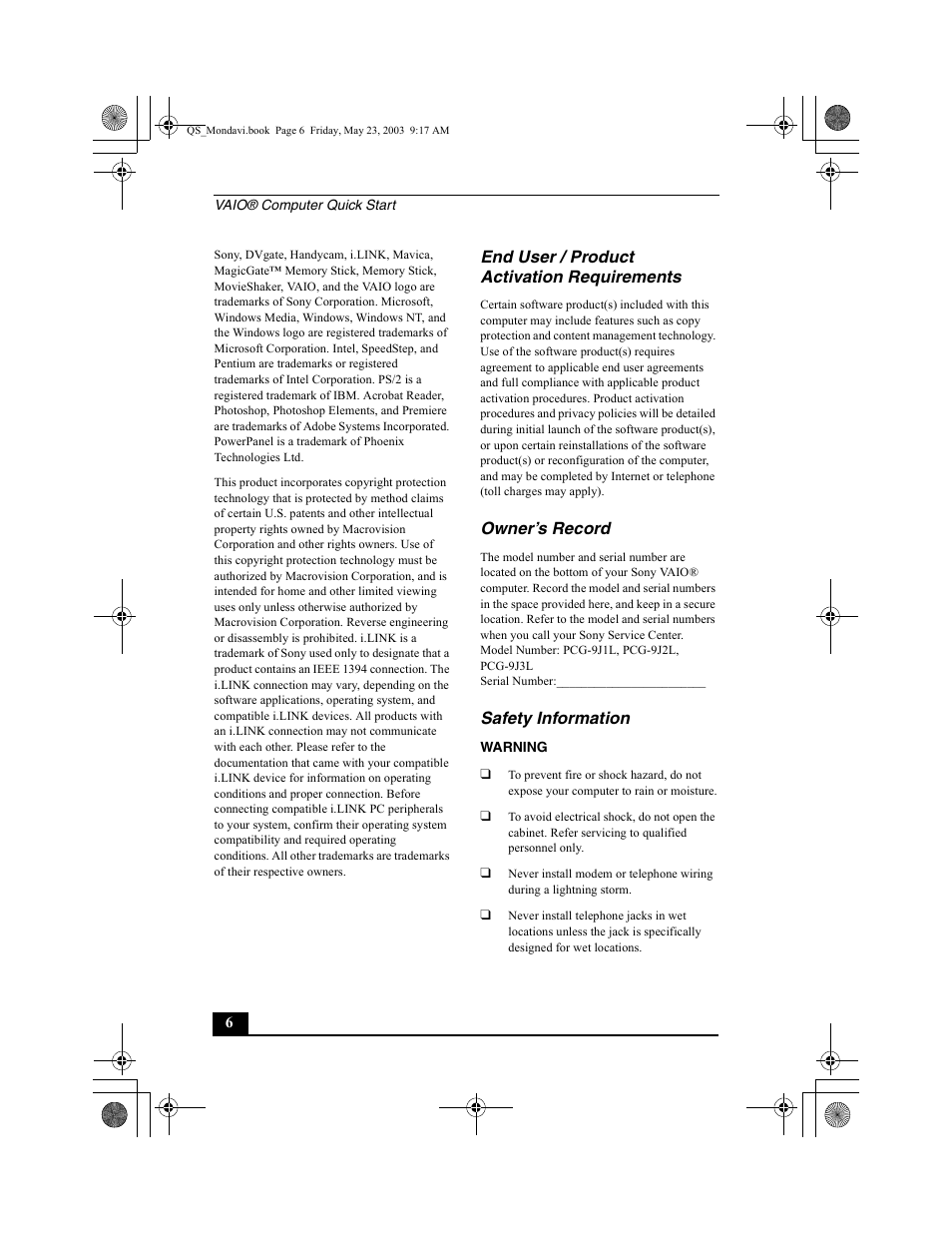 End user / product activation requirements, Owner’s record, Safety information | Sony PCG-FRV26 User Manual | Page 6 / 68