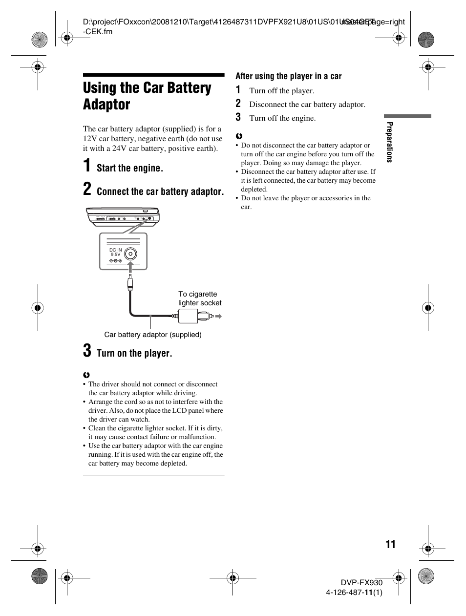 Using the car battery adaptor | Sony DVP-FX921 User Manual | Page 11 / 40