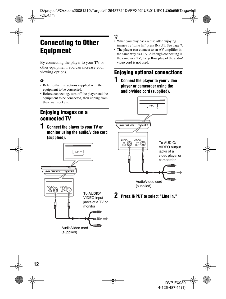 Connecting to other equipment, Enjoying images on a connected tv, Enjoying optional connections | Sony DVP-FX921 User Manual | Page 12 / 40