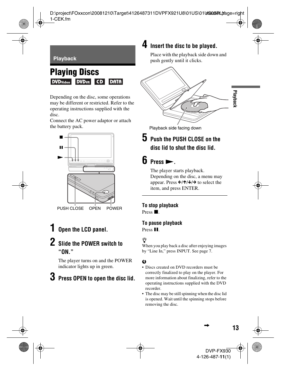 Playing discs | Sony DVP-FX921 User Manual | Page 13 / 40