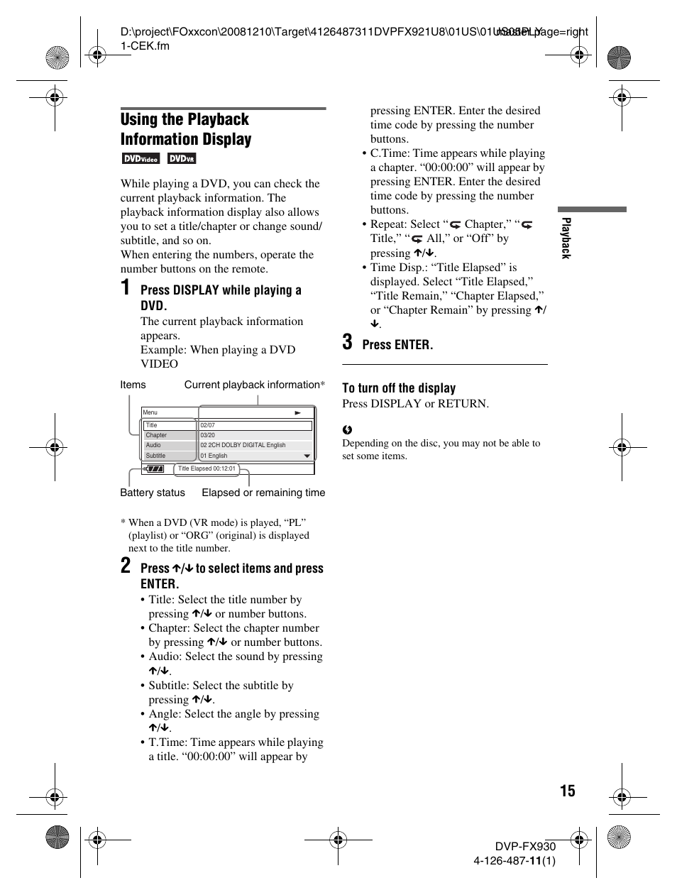 Using the playback information display | Sony DVP-FX921 User Manual | Page 15 / 40