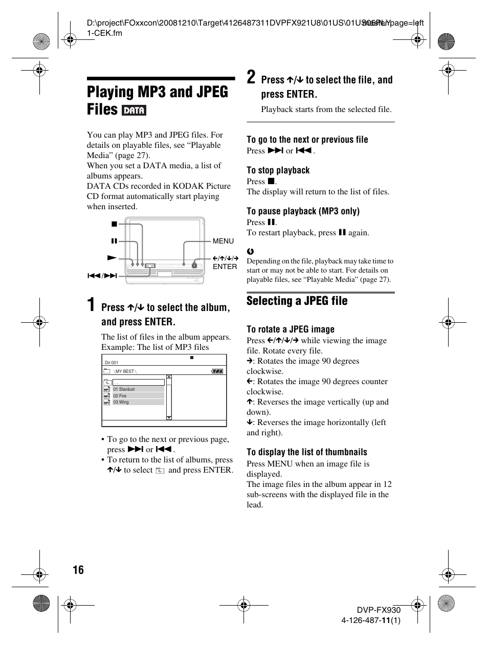 Playing mp3 and jpeg files, Selecting a jpeg file, Press x / x to select the album, and press enter | Press x / x to select the file, and press enter | Sony DVP-FX921 User Manual | Page 16 / 40