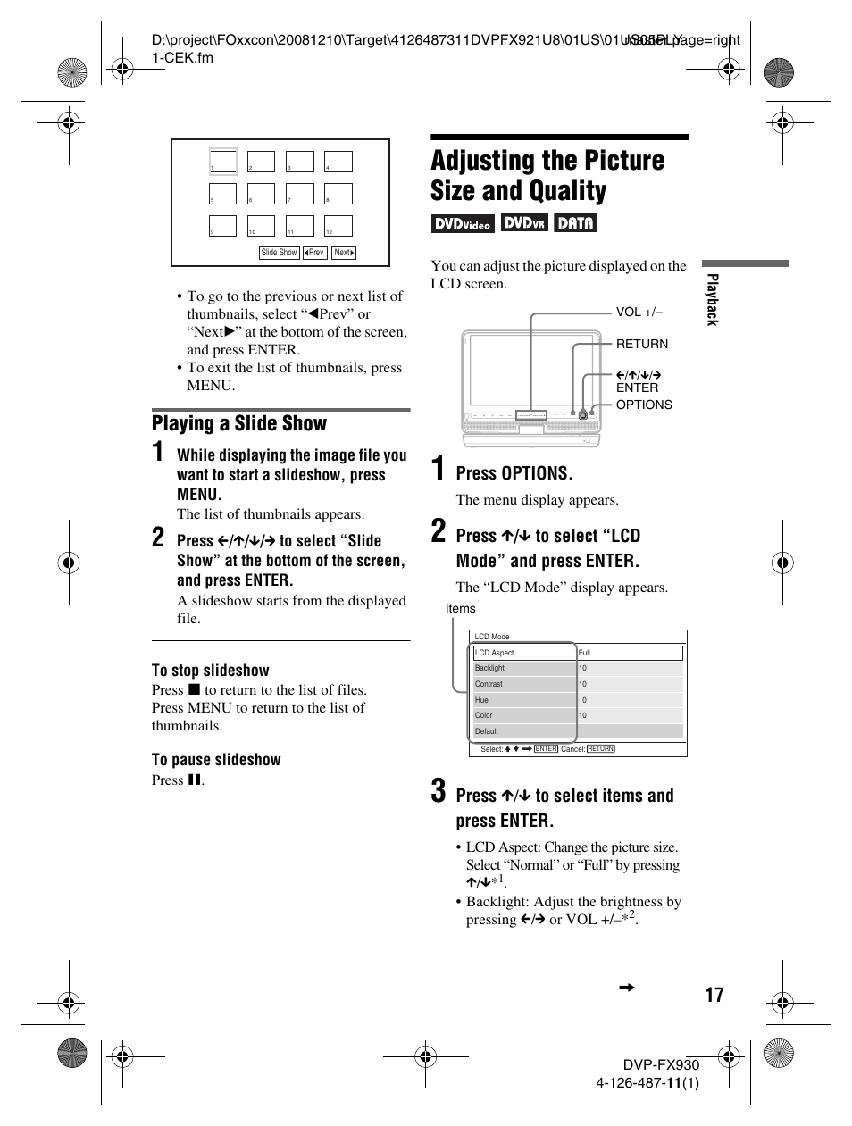 Adjusting the picture size and quality, Playing a slide show, Press options | Press x / x to select “lcd mode” and press enter, Press x/x to select items and press enter | Sony DVP-FX921 User Manual | Page 17 / 40