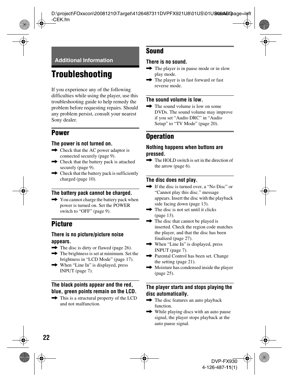 Troubleshooting, Power, Picture | Sound, Operation | Sony DVP-FX921 User Manual | Page 22 / 40