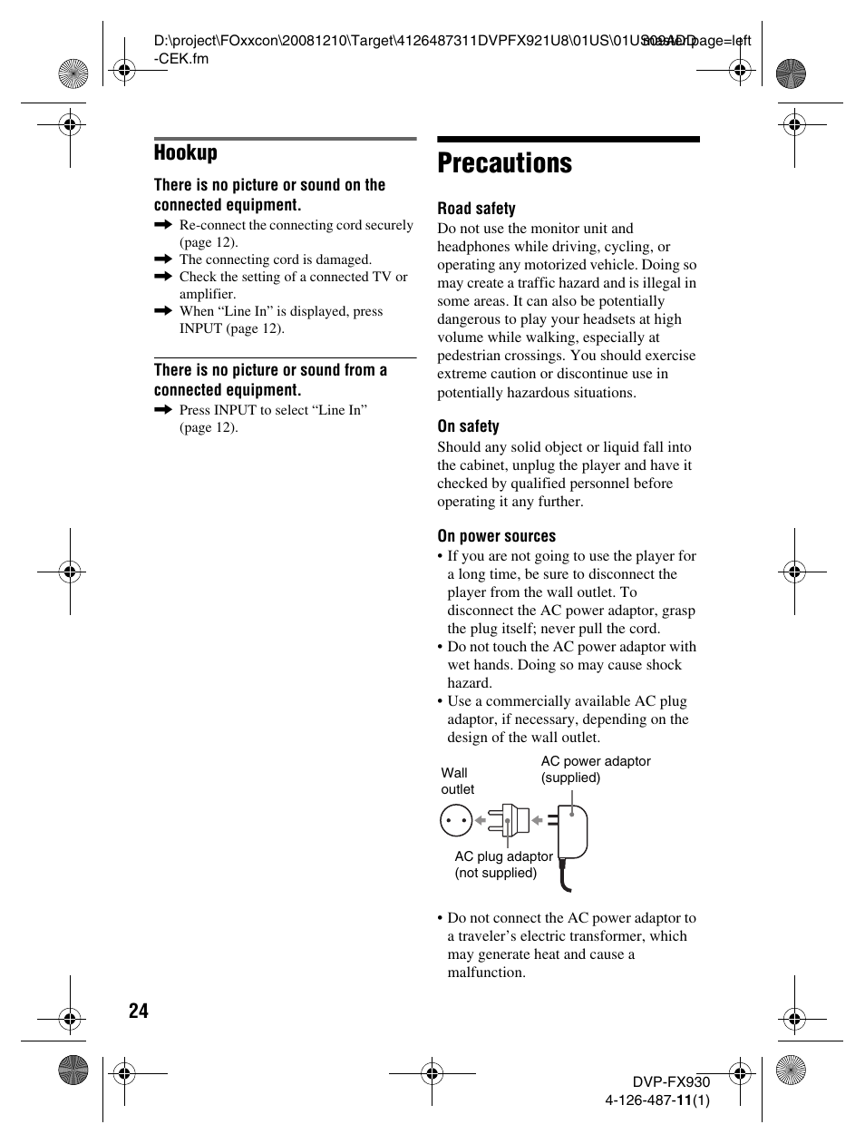 Precautions, Hookup | Sony DVP-FX921 User Manual | Page 24 / 40