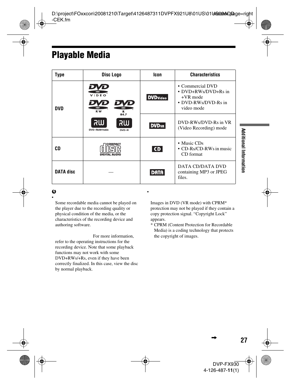 Playable media | Sony DVP-FX921 User Manual | Page 27 / 40