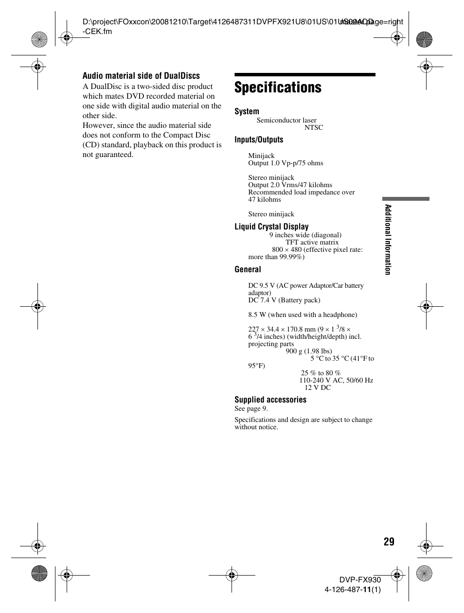 Specifications | Sony DVP-FX921 User Manual | Page 29 / 40