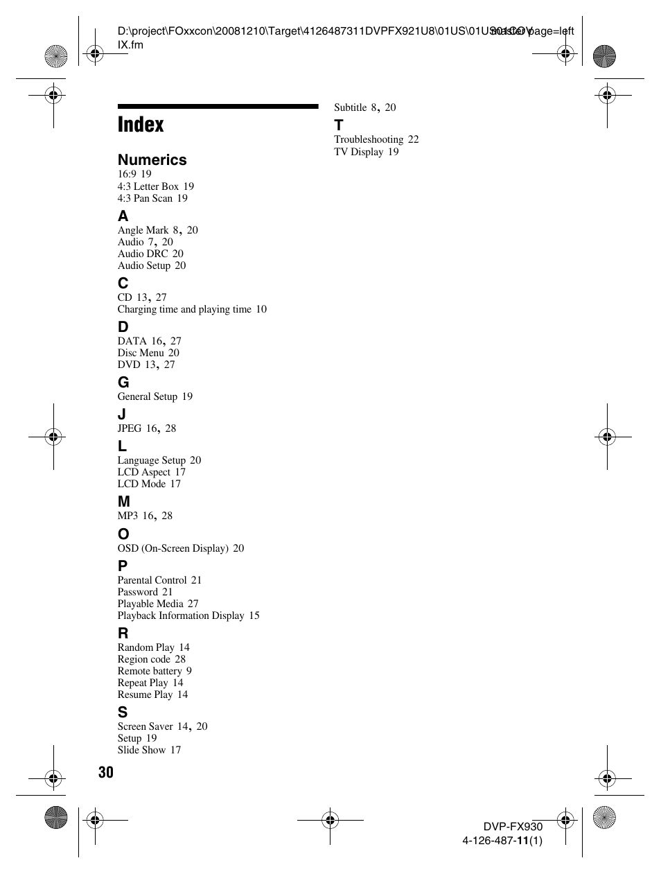 Index | Sony DVP-FX921 User Manual | Page 30 / 40