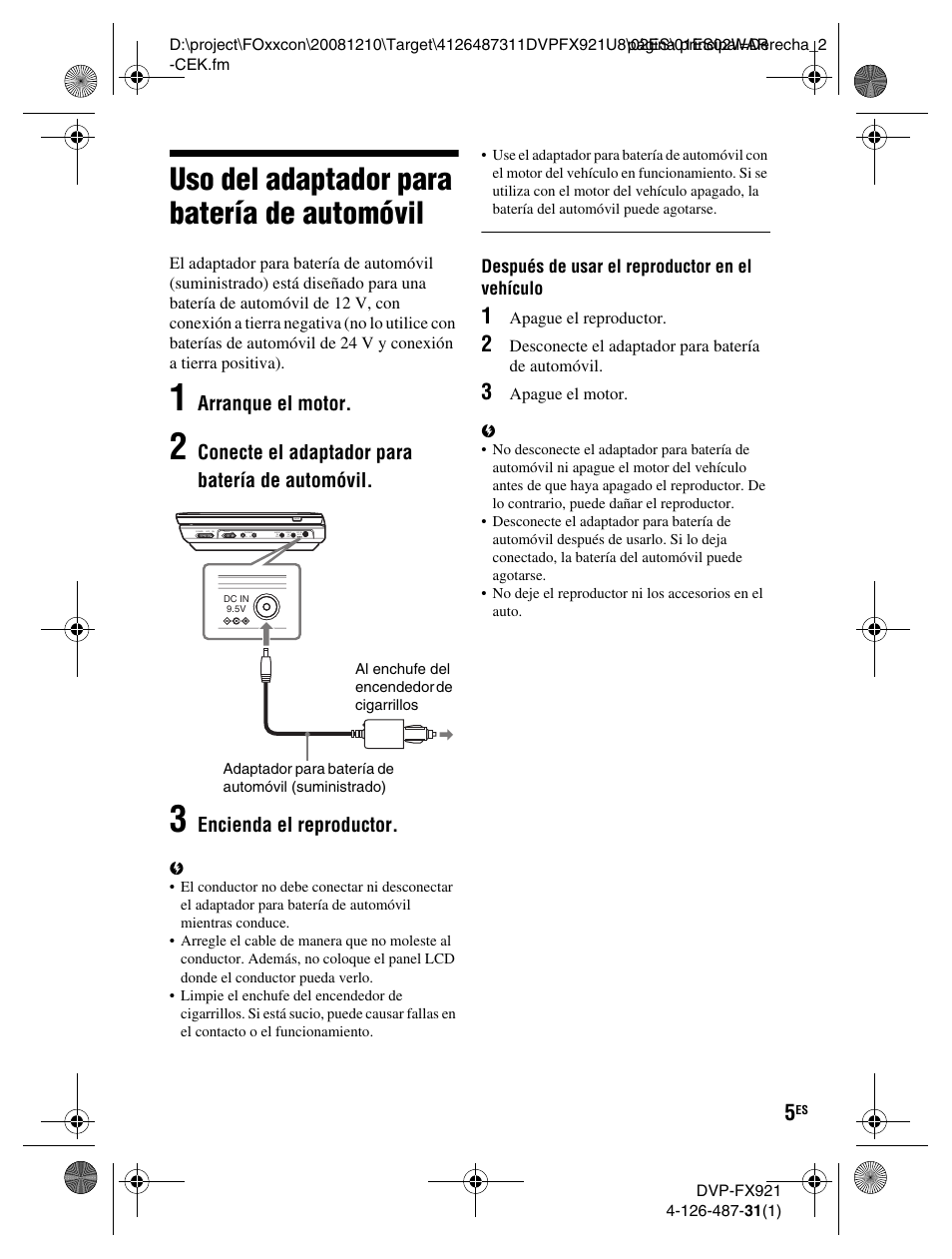 Uso del adaptador para batería de automóvil | Sony DVP-FX921 User Manual | Page 35 / 40