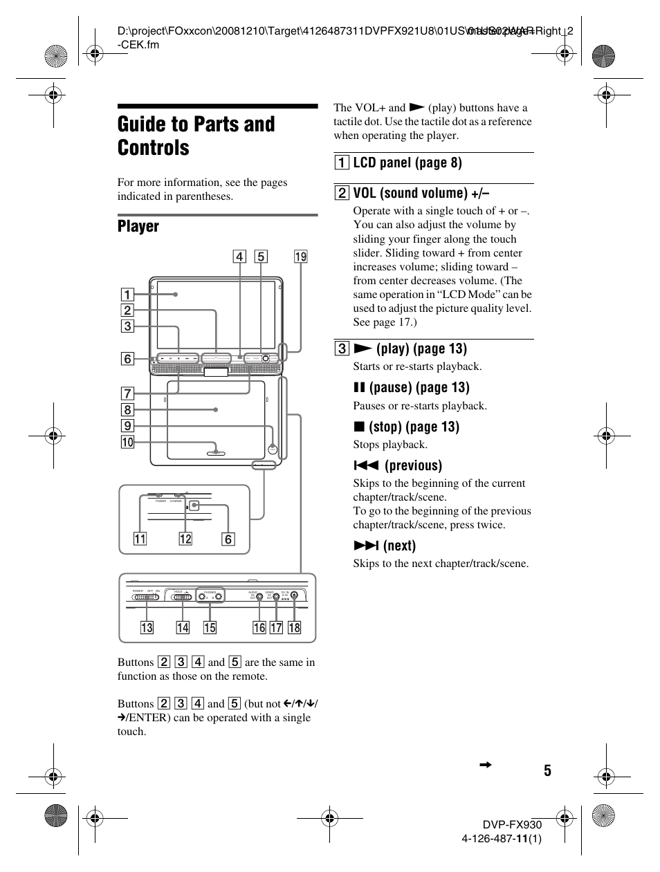 Guide to parts and controls, Player, A lcd panel (page 8) b vol (sound volume) | C n (play) (page 13), X(pause) (page 13), X(stop) (page 13), Previous), Next), Starts or re-starts playback, Pauses or re-starts playback | Sony DVP-FX921 User Manual | Page 5 / 40