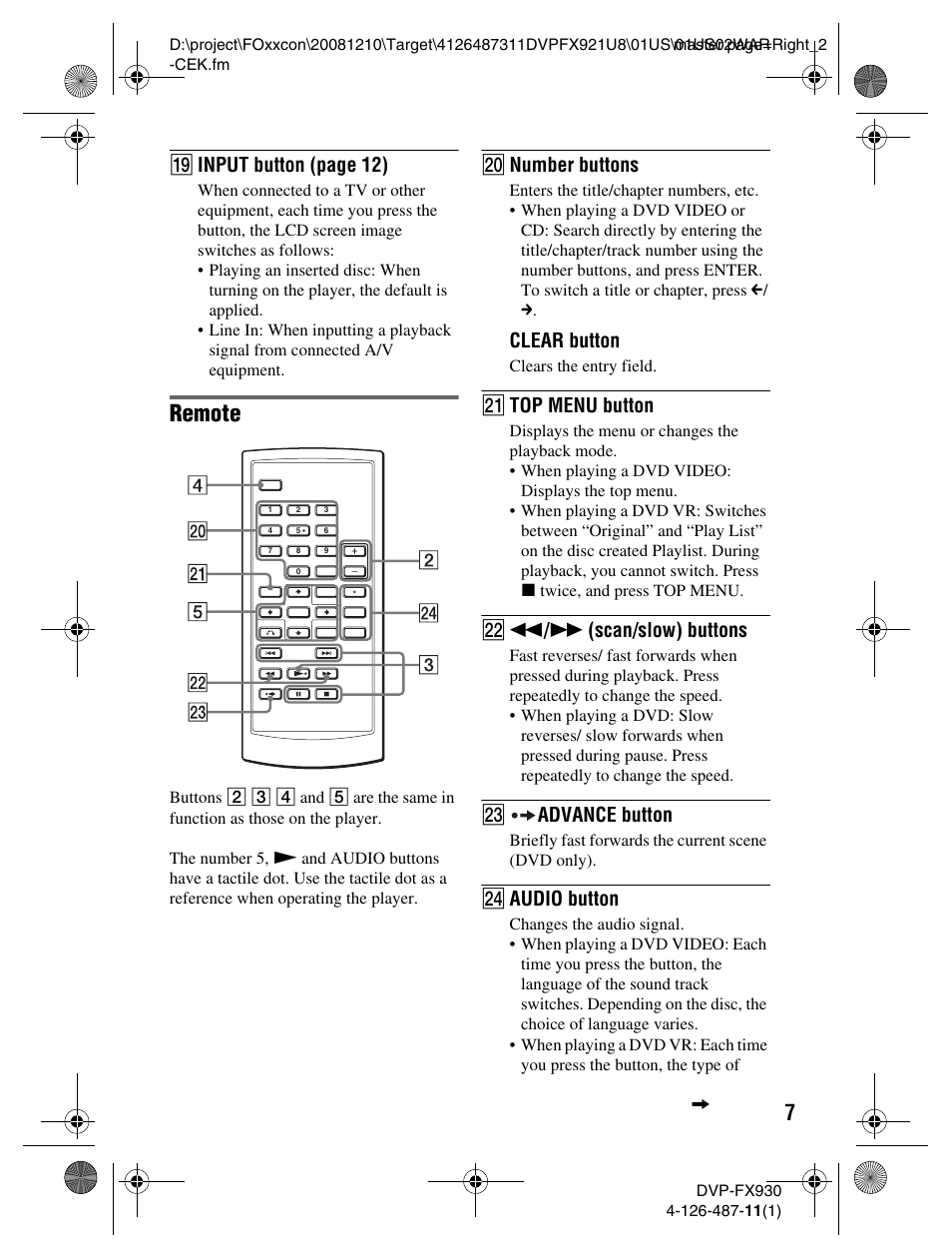 Remote, S input button (page 12), T number buttons | Clear button, U top menu button, V m / m (scan/slow) buttons, Wadvance button, X audio button | Sony DVP-FX921 User Manual | Page 7 / 40