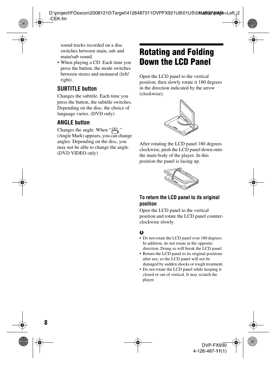 Rotating and folding down the lcd panel | Sony DVP-FX921 User Manual | Page 8 / 40