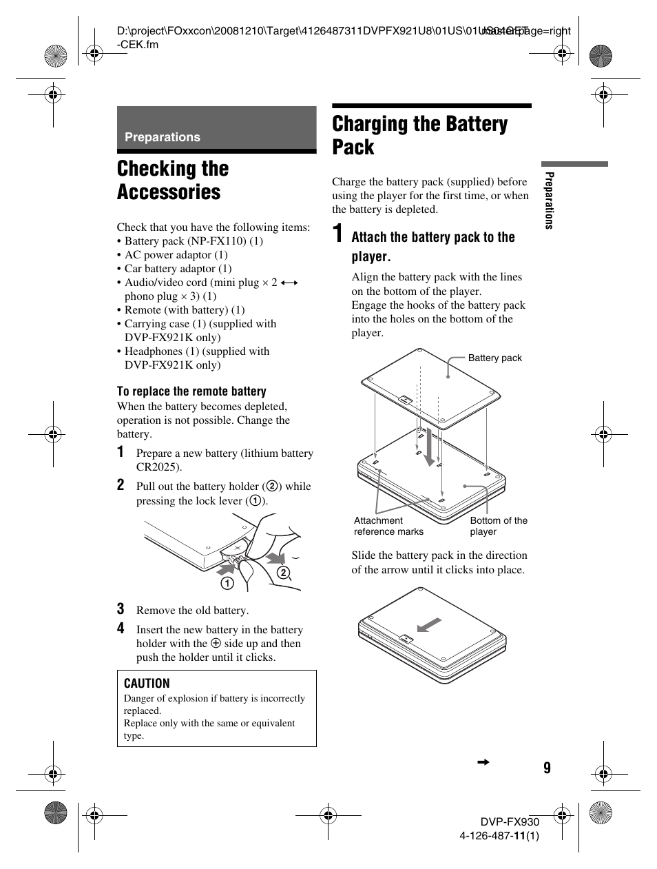 Checking the accessories, Charging the battery pack | Sony DVP-FX921 User Manual | Page 9 / 40