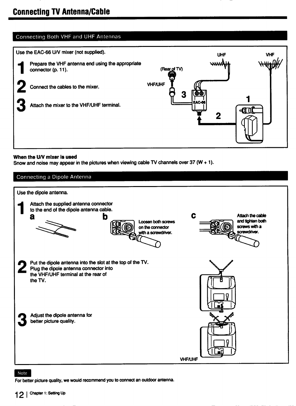 Connecting tv antenna/cable | Sony KV-13TR28 User Manual | Page 12 / 48
