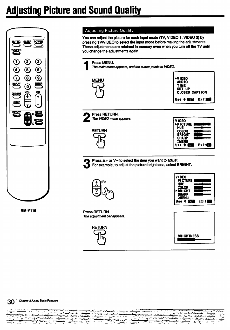 Adjusting picture and sound quality | Sony KV-13TR28 User Manual | Page 30 / 48