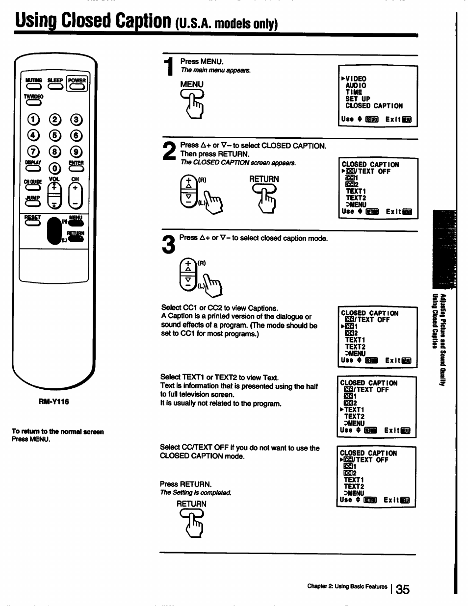 Using closed caption, U.s.a. models only) | Sony KV-13TR28 User Manual | Page 35 / 48