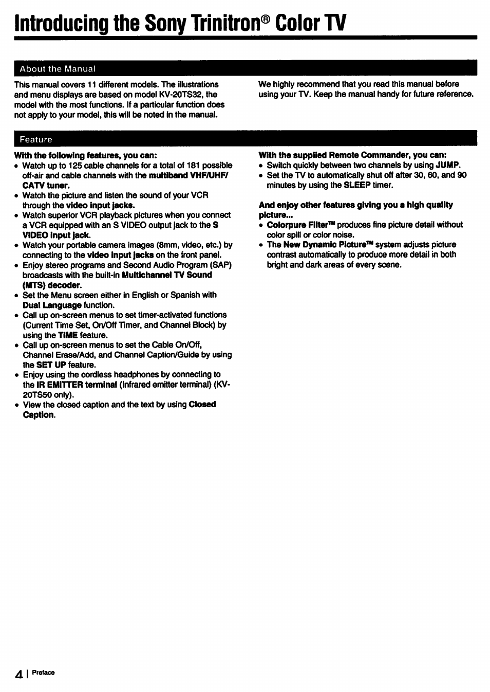 Introducing the sony trinitron® color tv, Introducing the sony trinrtron* color tv | Sony KV-13TR28 User Manual | Page 4 / 48
