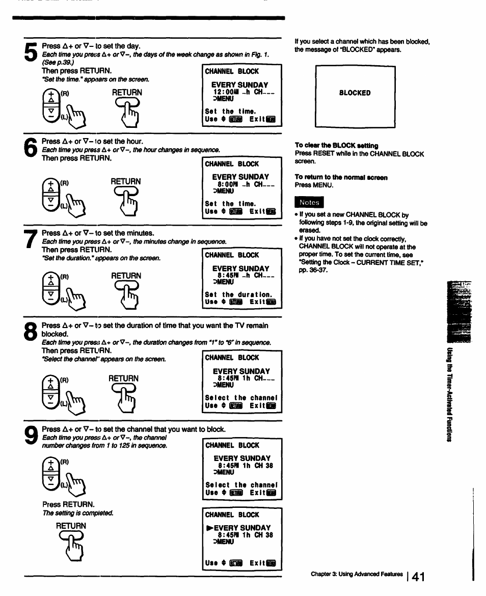 Press a+ or v- to set the day, Then press return, Return | Press a+ or v- to set the hour, Press a+ or v- to set the minutes, Press return | Sony KV-13TR28 User Manual | Page 41 / 48