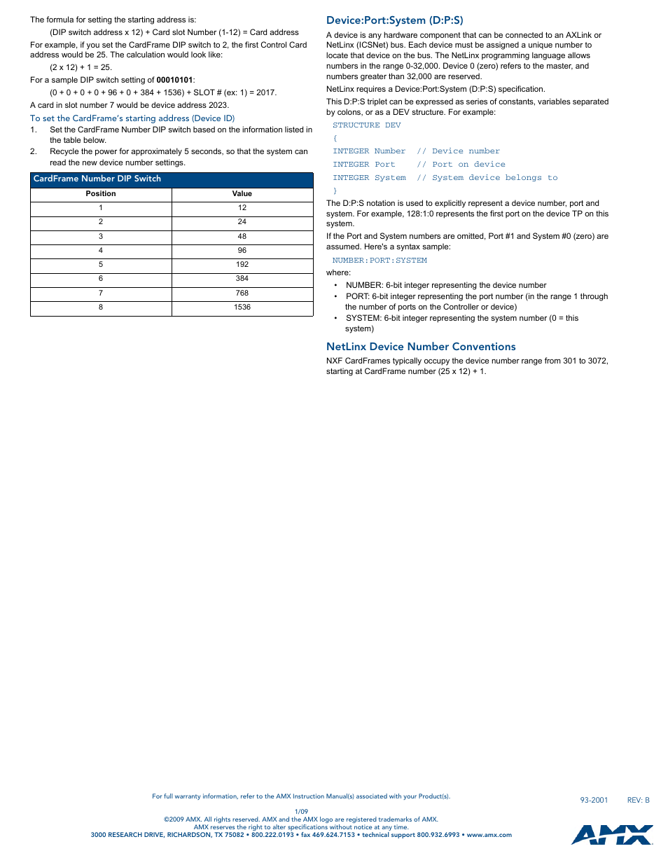 Device:port:system (d:p:s), Netlinx device number conventions | AMX NXF NetLinx CardFrame FG2001 User Manual | Page 2 / 2